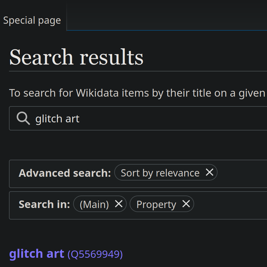 A screenshot of some search engine showing the search results for the term "glitch art". The letters are white and the background is black. We do not see the actual search results but only the categories and flags used to make the search.