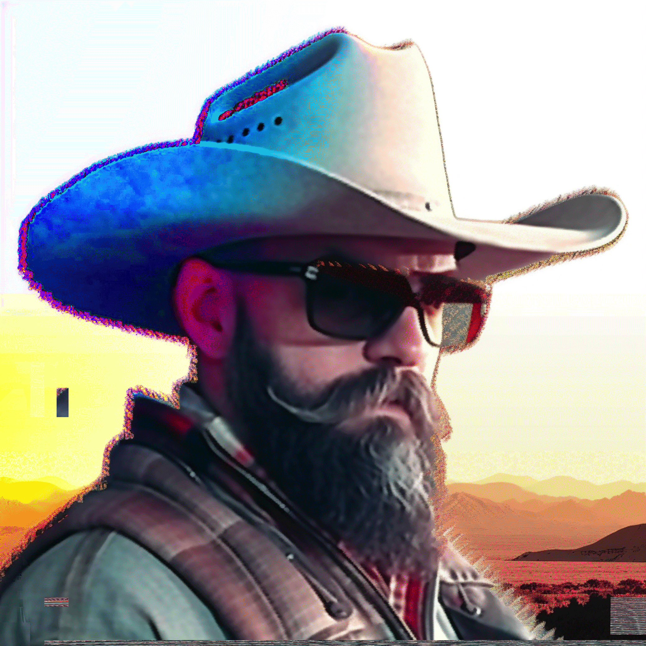 An image of a caucasian man with a beard and moustache, wearing a white cowboy hat and dark square sunglasses. The background is of pixelated deset landscape in shades of yellow and orange. The image appears as if something from a video game.