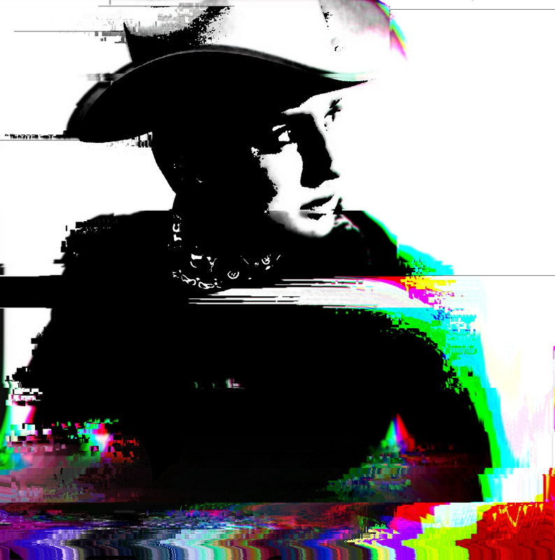 A black and white image of a caucasian man with a cowboy hat looking to the left. The image is fuzzy and the lower part of the image has glimpses of various colours. A patterend bandana is vaguely visible around his neck. He has a sharp nose and the right outline of his face melts into the white background.